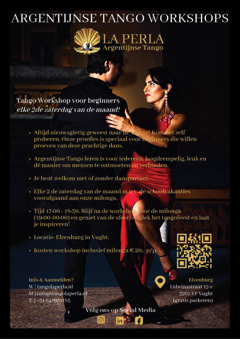 Poster met gegevens over de workshop en een foto van een dansend tango couple.